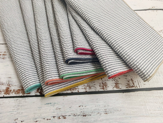 Grey Seersucker Cloth Napkins with Colorful Edges S/8