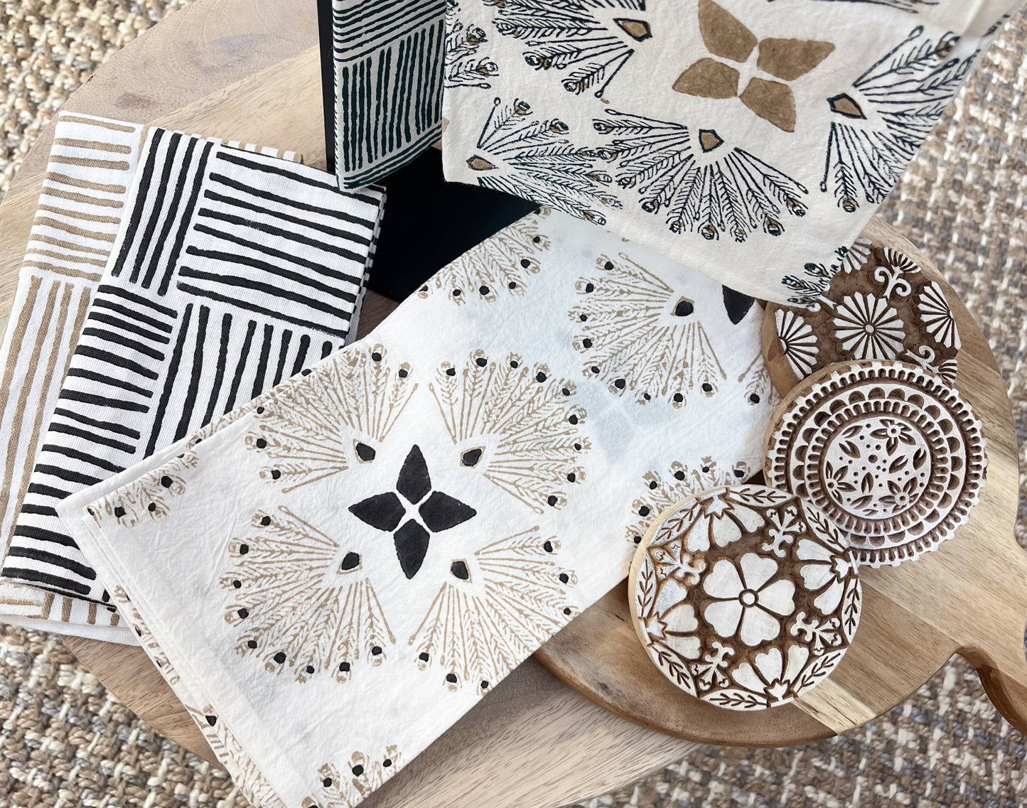 Tea Towel (Ivory) - Peacock Paradise, Black & Chai