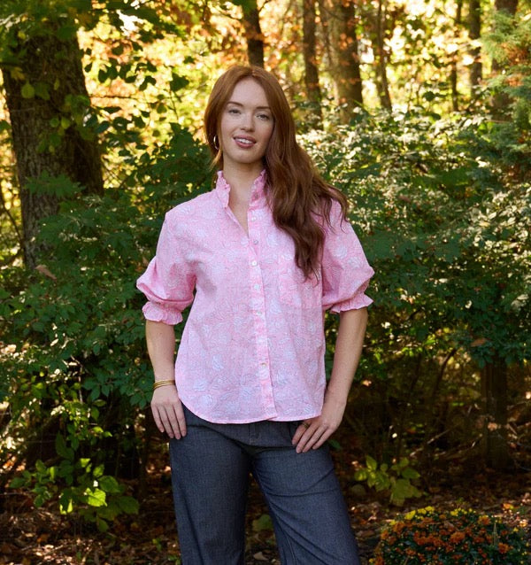 Good Girlfriend Shirt with Ruffle Trim- Tickled Pink/Rose