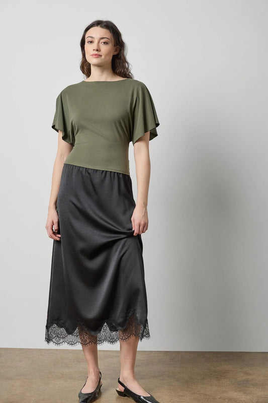 Crepe Satin Skirt with Lace Trim