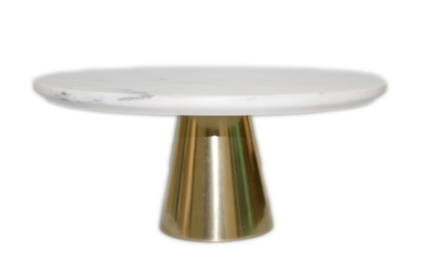 MED. WHITE MARBLE CAKE PLATE W/ GOLD BASE 10”DIA