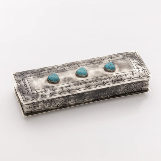 LONG STAMPED BOX WITH THREE TURQUOISE STONES