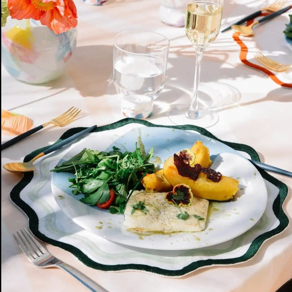 Colorblock Embroidered Linen Placemats in Dark Green/ Sage