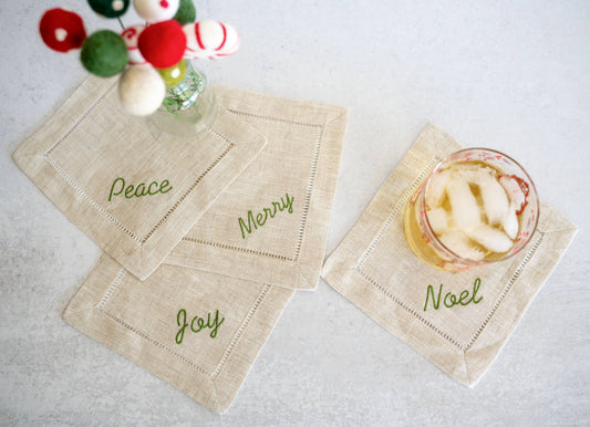Holiday Word Linen Coasters S/4