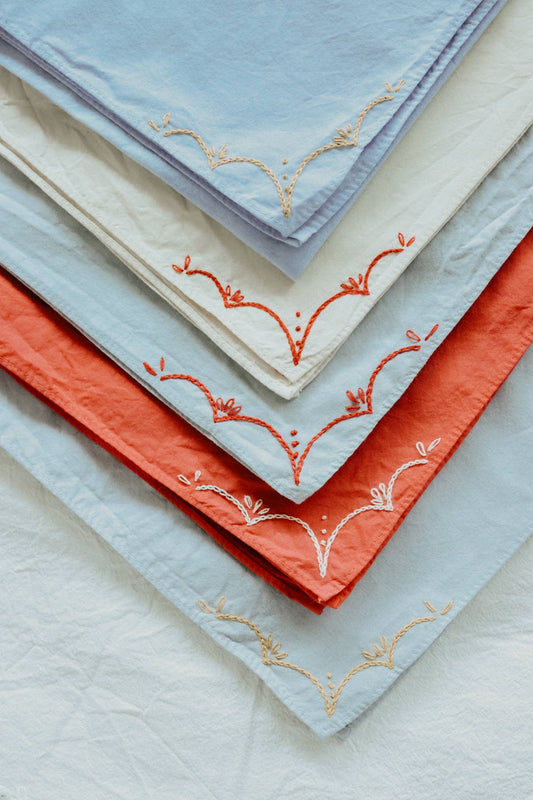 Hand embroidered RODEO cotton bandana, hand dyed : Red/ cream thread