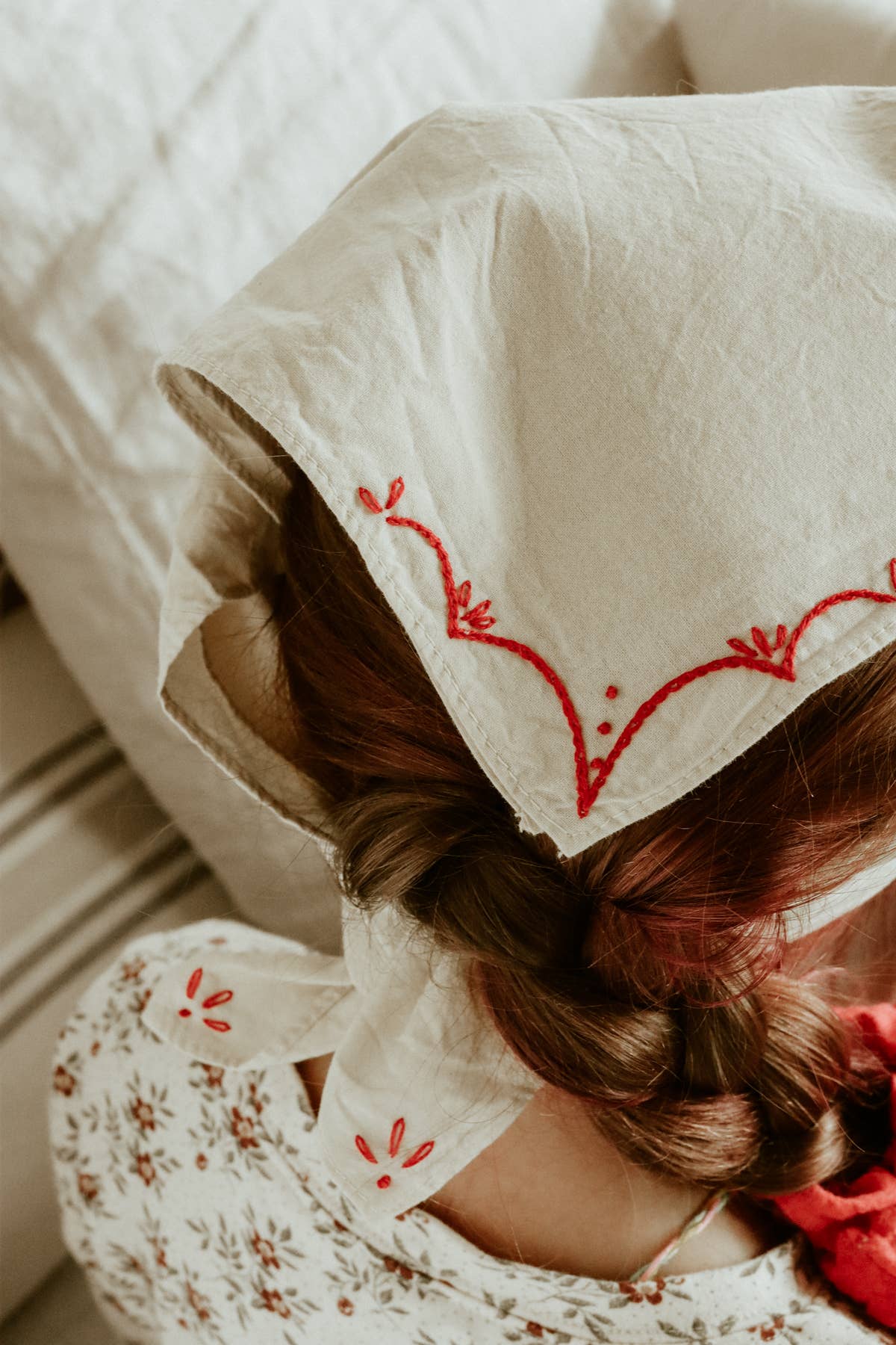 Hand embroidered RODEO cotton bandana, hand dyed : Red/ cream thread
