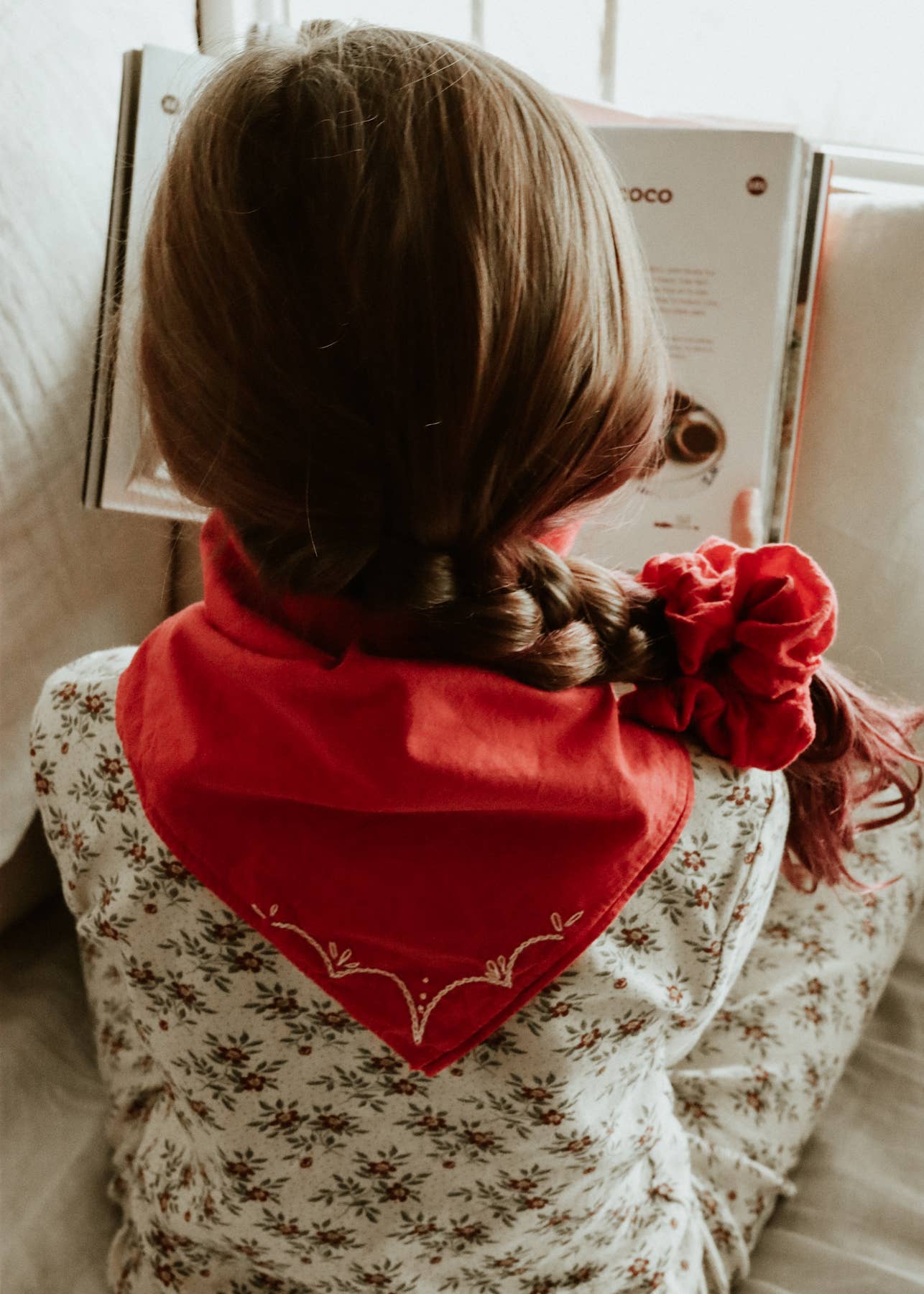 Hand embroidered RODEO cotton bandana, hand dyed : Red/ cream thread