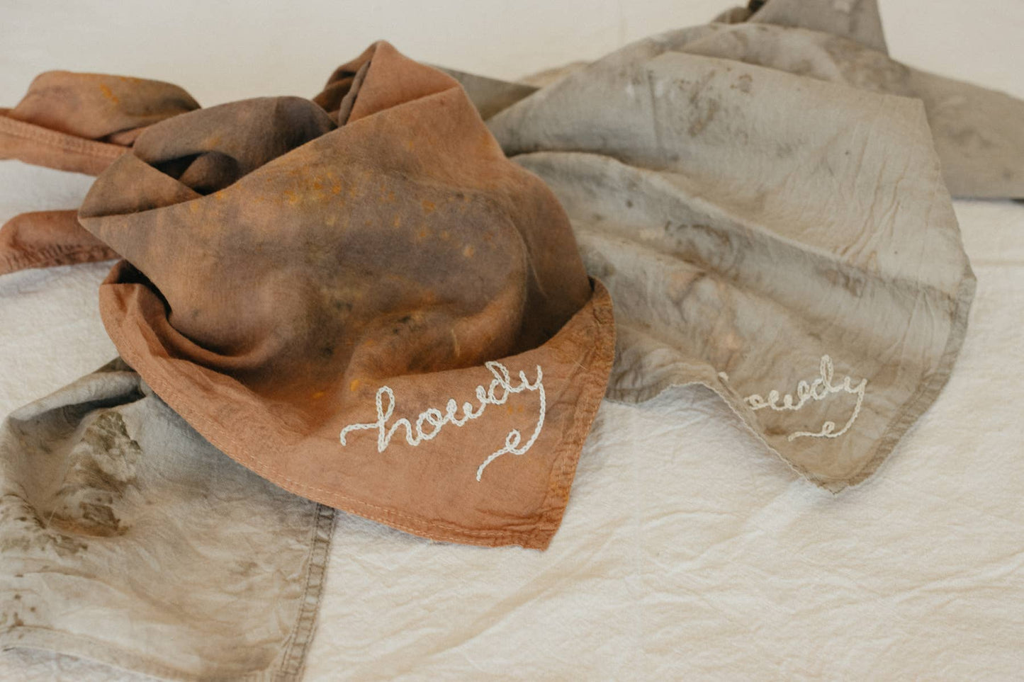 Hand embroidered Howdy organic cotton bandana- hand dyed: Night green