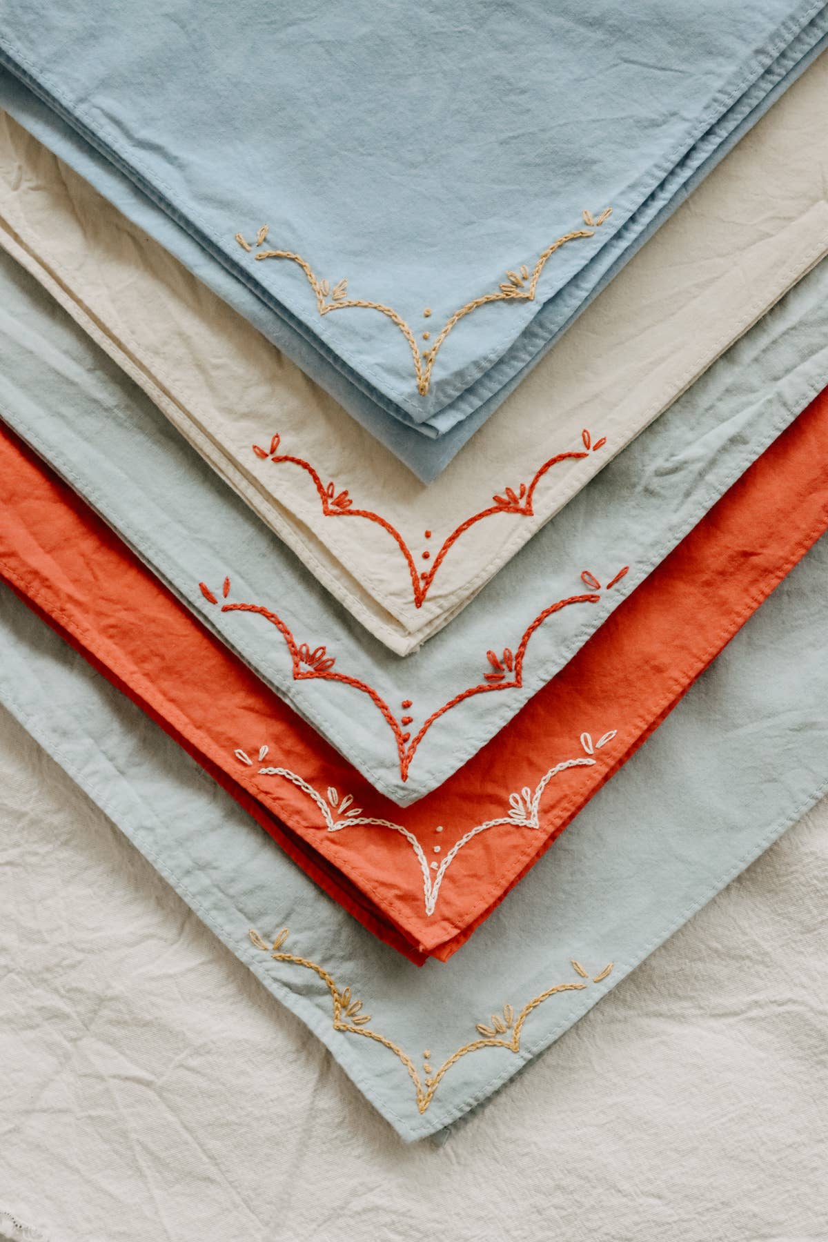 Hand embroidered RODEO cotton bandana, hand dyed : Sand/red thread