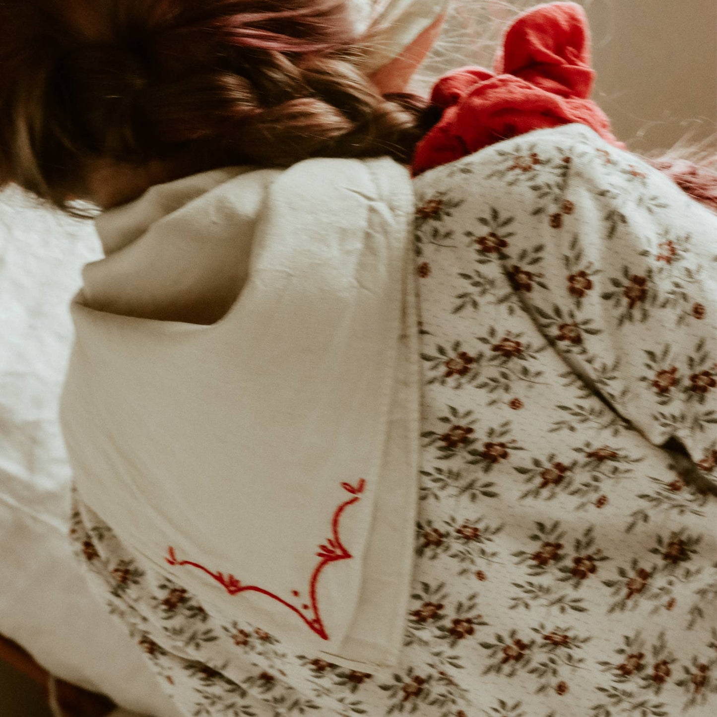 Hand embroidered RODEO cotton bandana, hand dyed : Sand/red thread