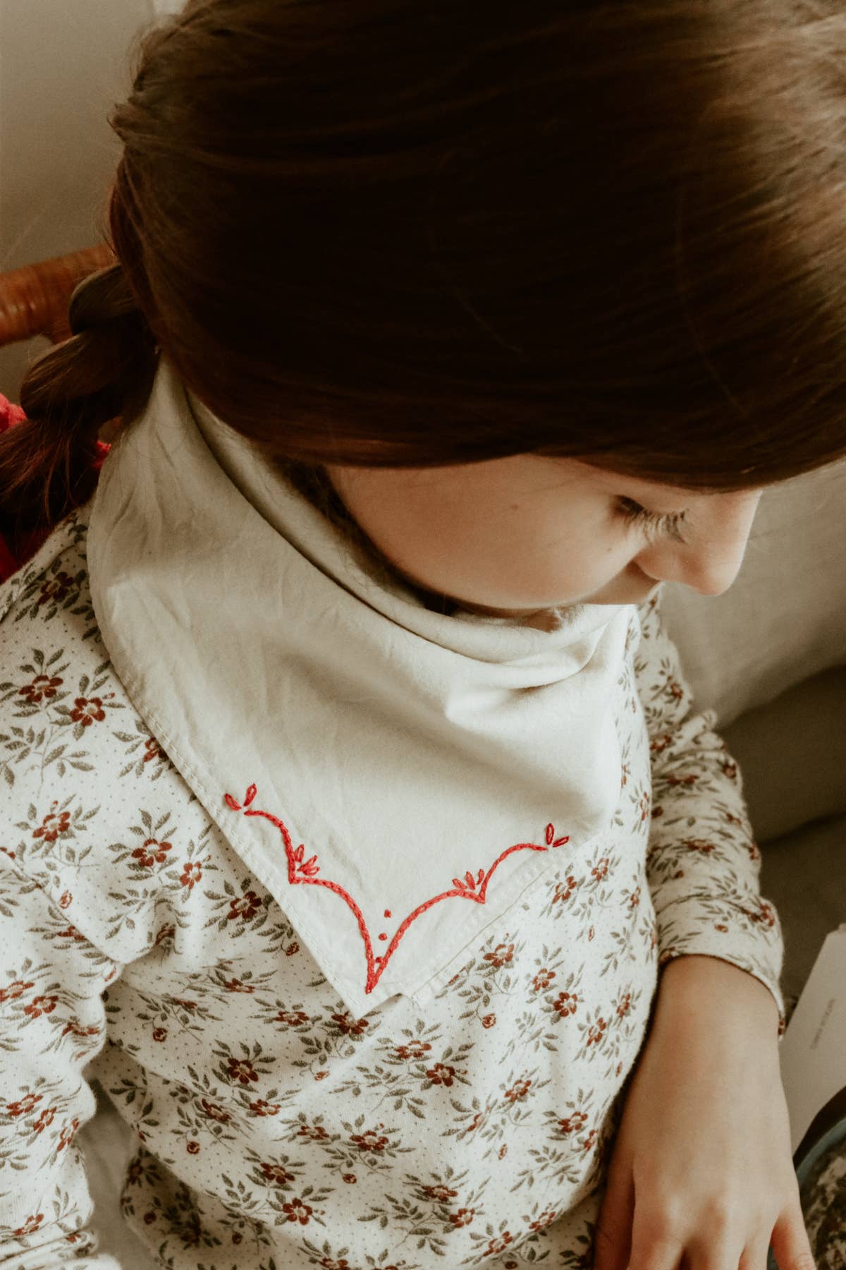 Hand embroidered RODEO cotton bandana, hand dyed : Red/ cream thread