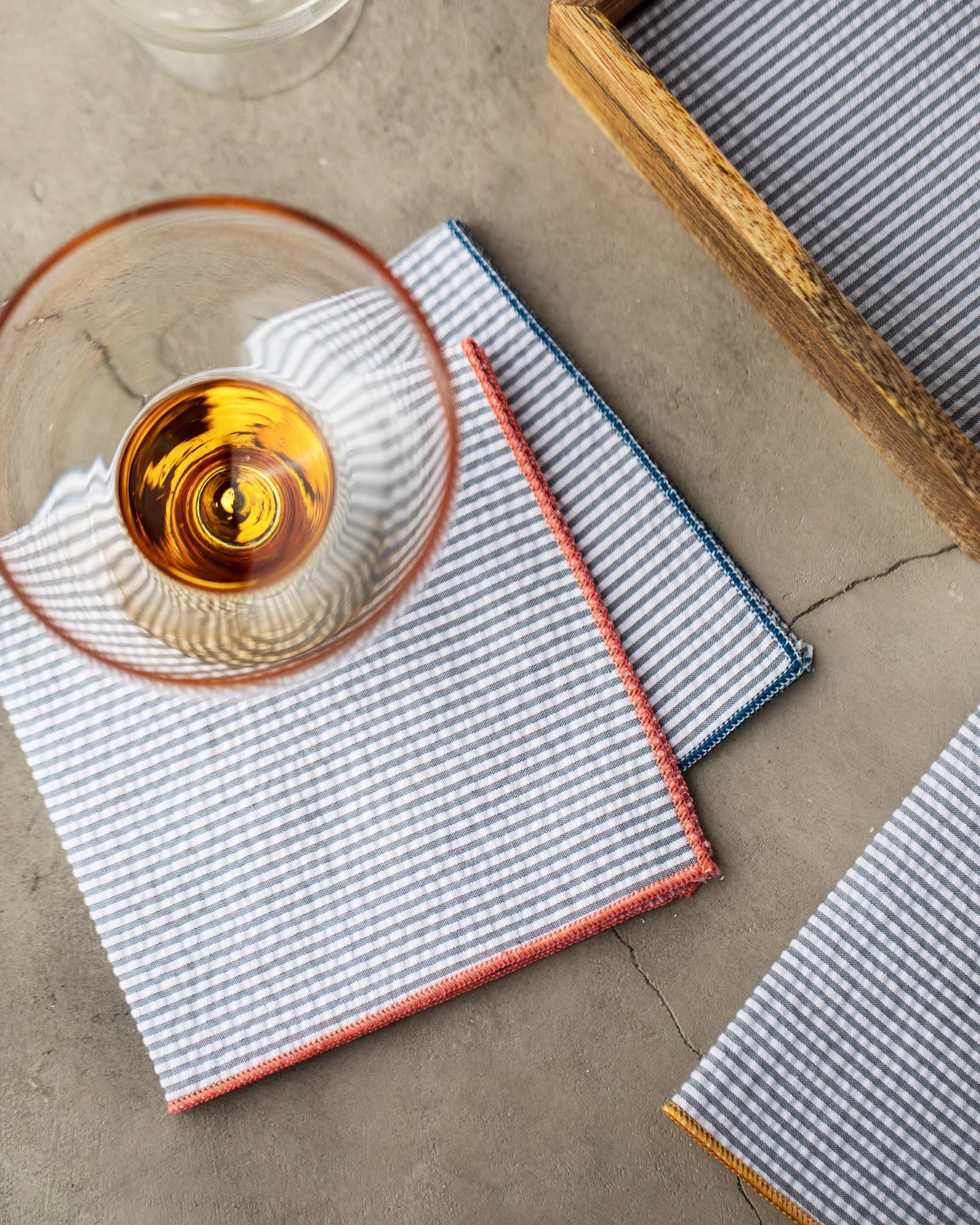 Grey Seersucker Cloth Napkins with Colorful Edges S/8