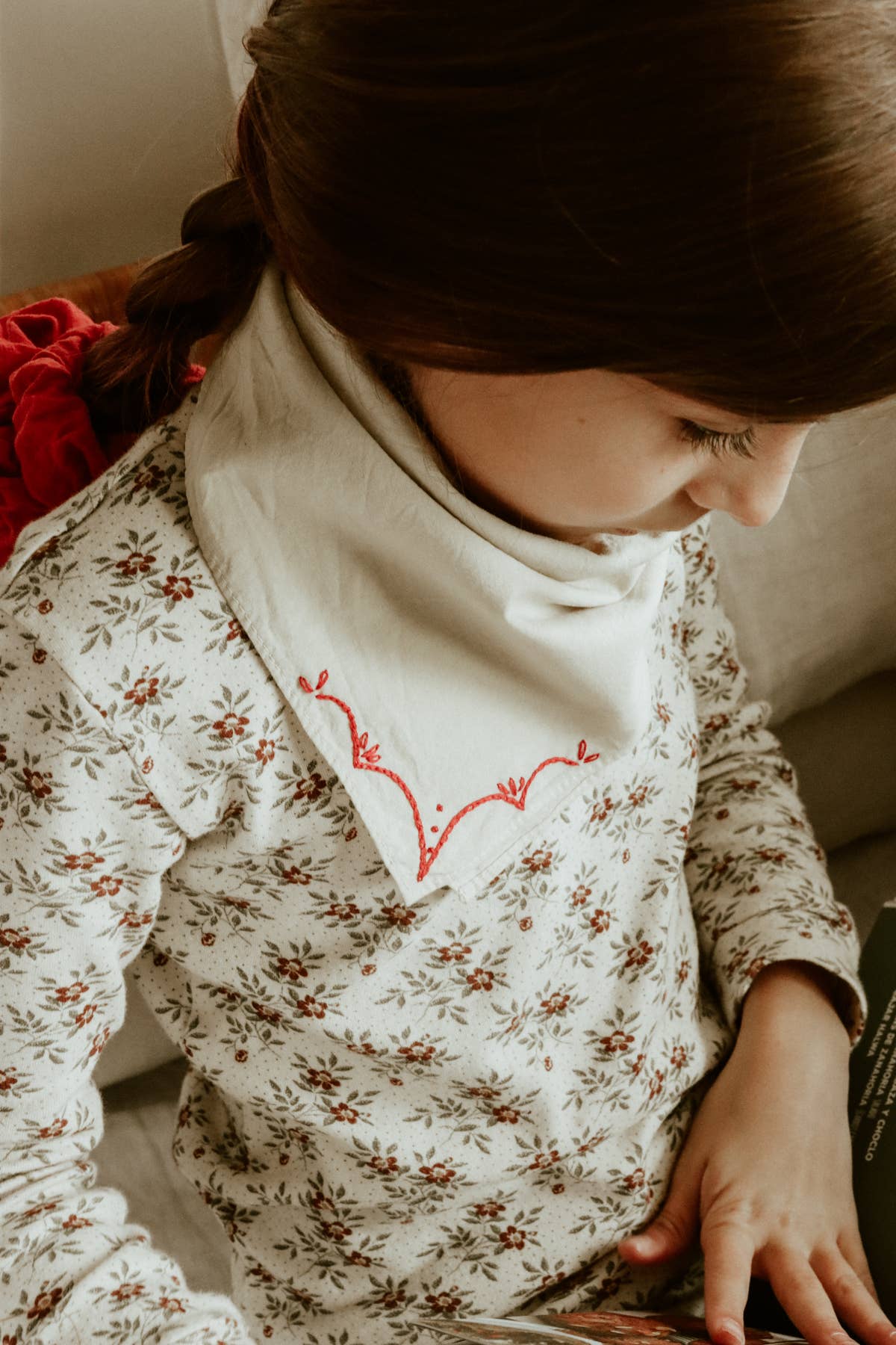 Hand embroidered RODEO cotton bandana, hand dyed : Red/ cream thread