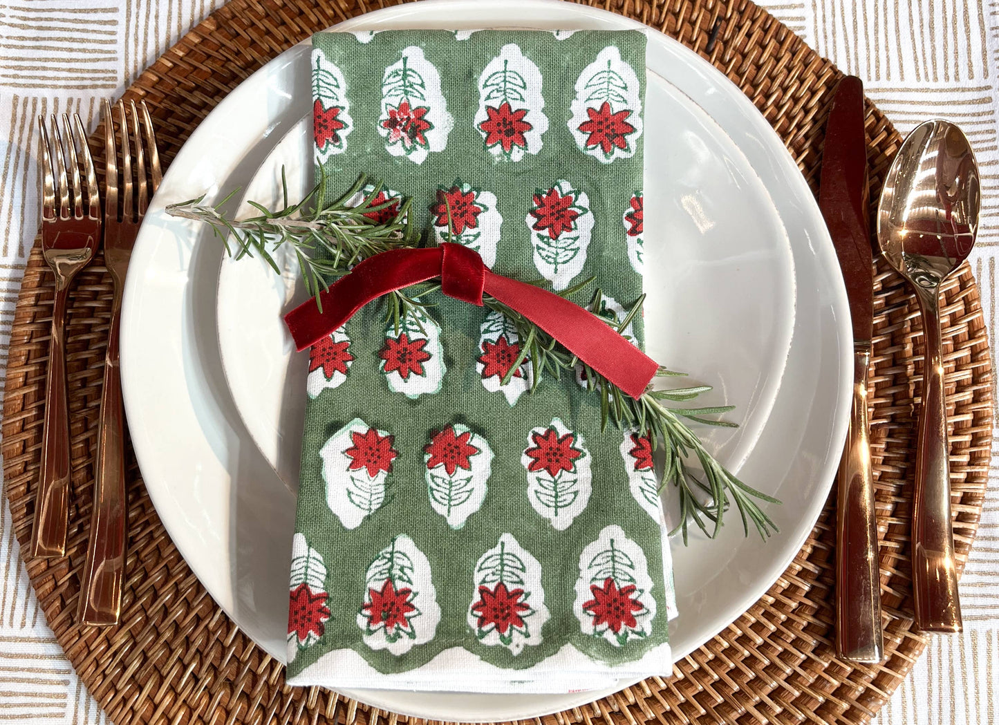 Dinner Napkins (set of 4) - Poinsettia, Sage & Red