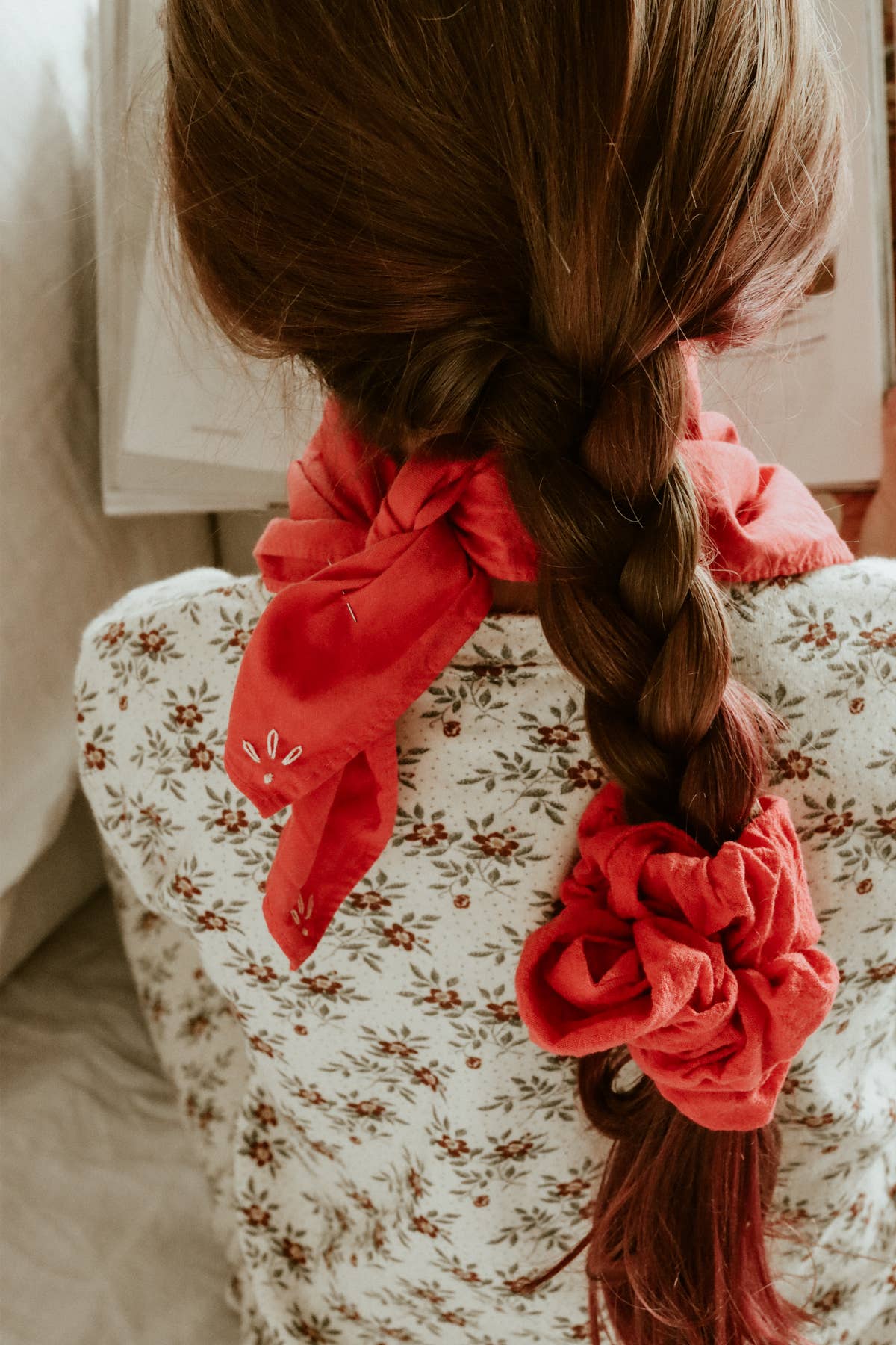 Hand embroidered RODEO cotton bandana, hand dyed : Red/ cream thread