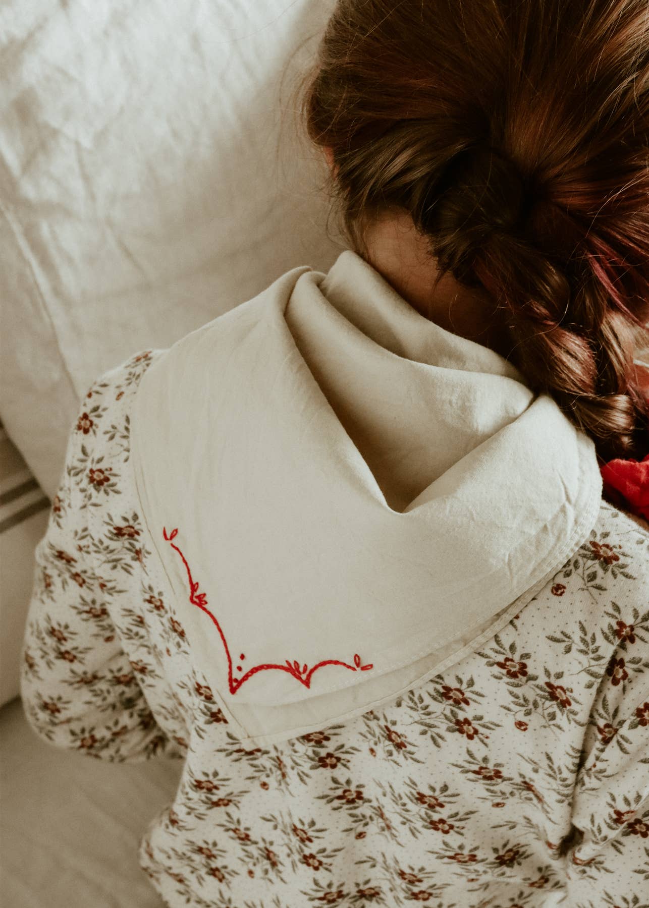 Hand embroidered RODEO cotton bandana, hand dyed : Sand/red thread