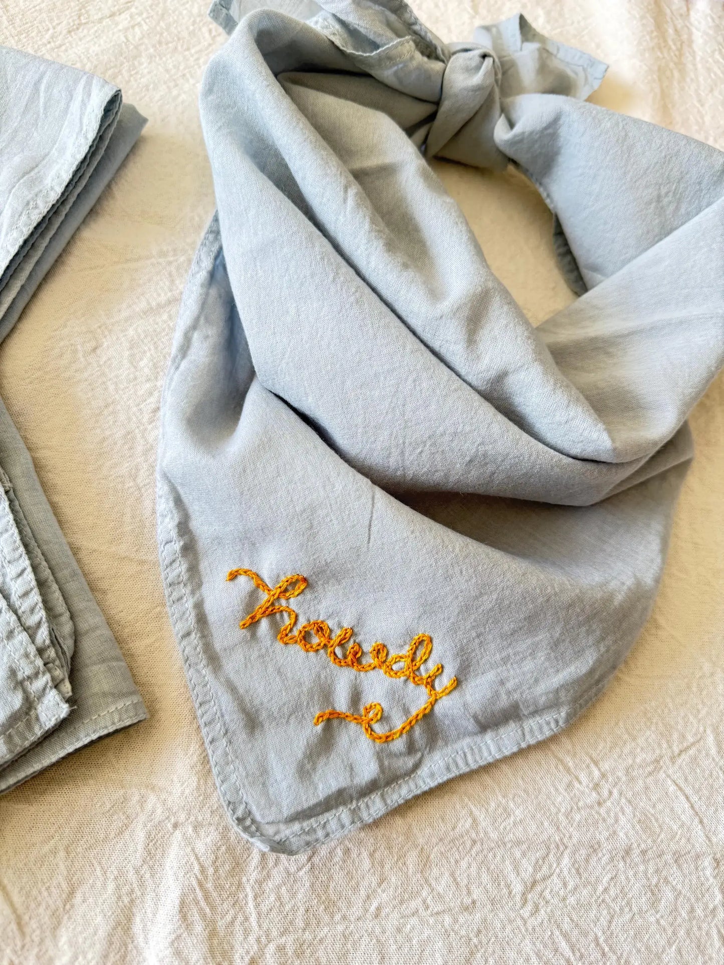 Hand embroidered Howdy organic cotton bandana- hand dyed: Strawberry red