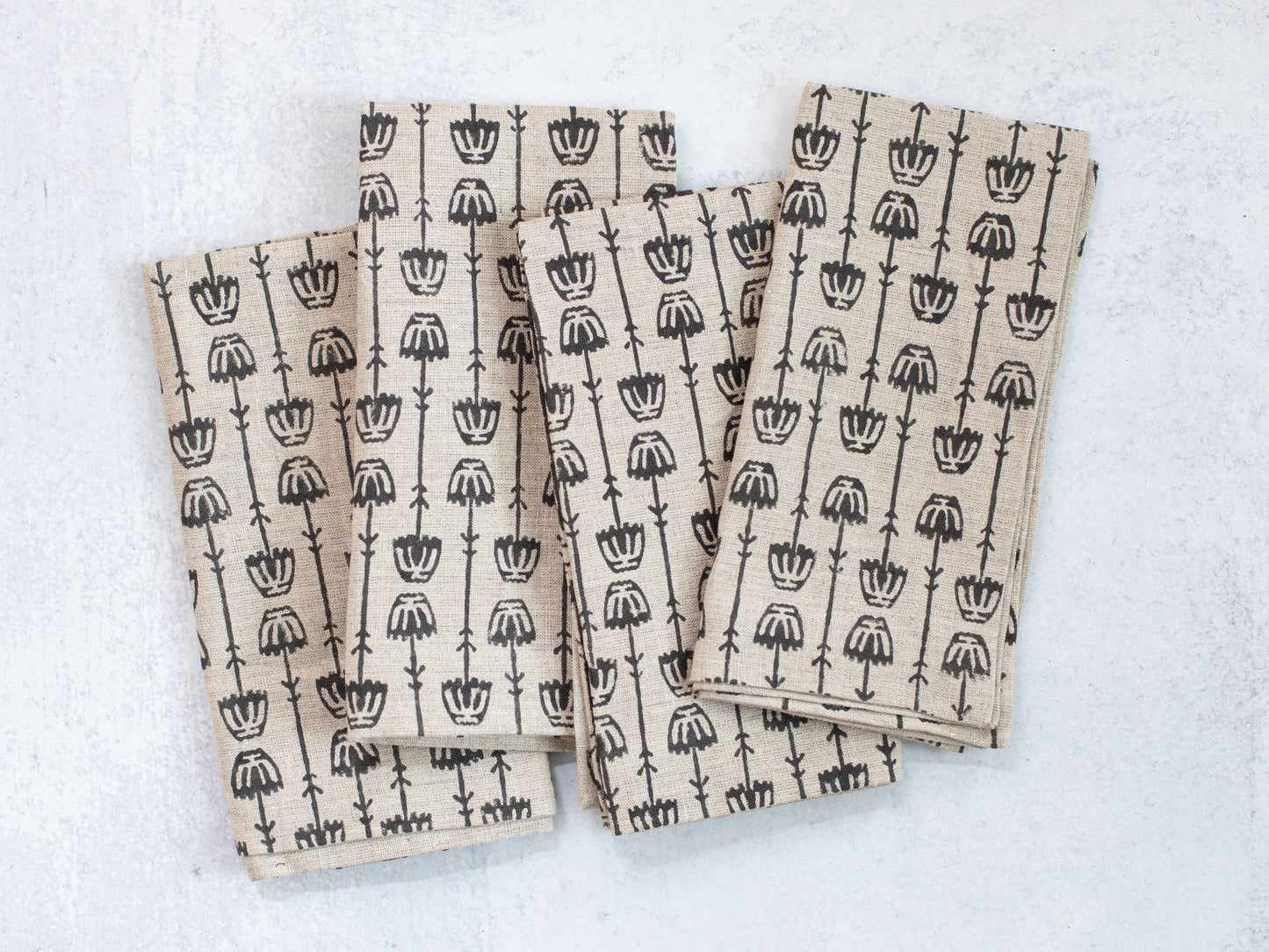 Dinner Napkins (set of 4)- Flax Linen - Mosaic Flower, Black