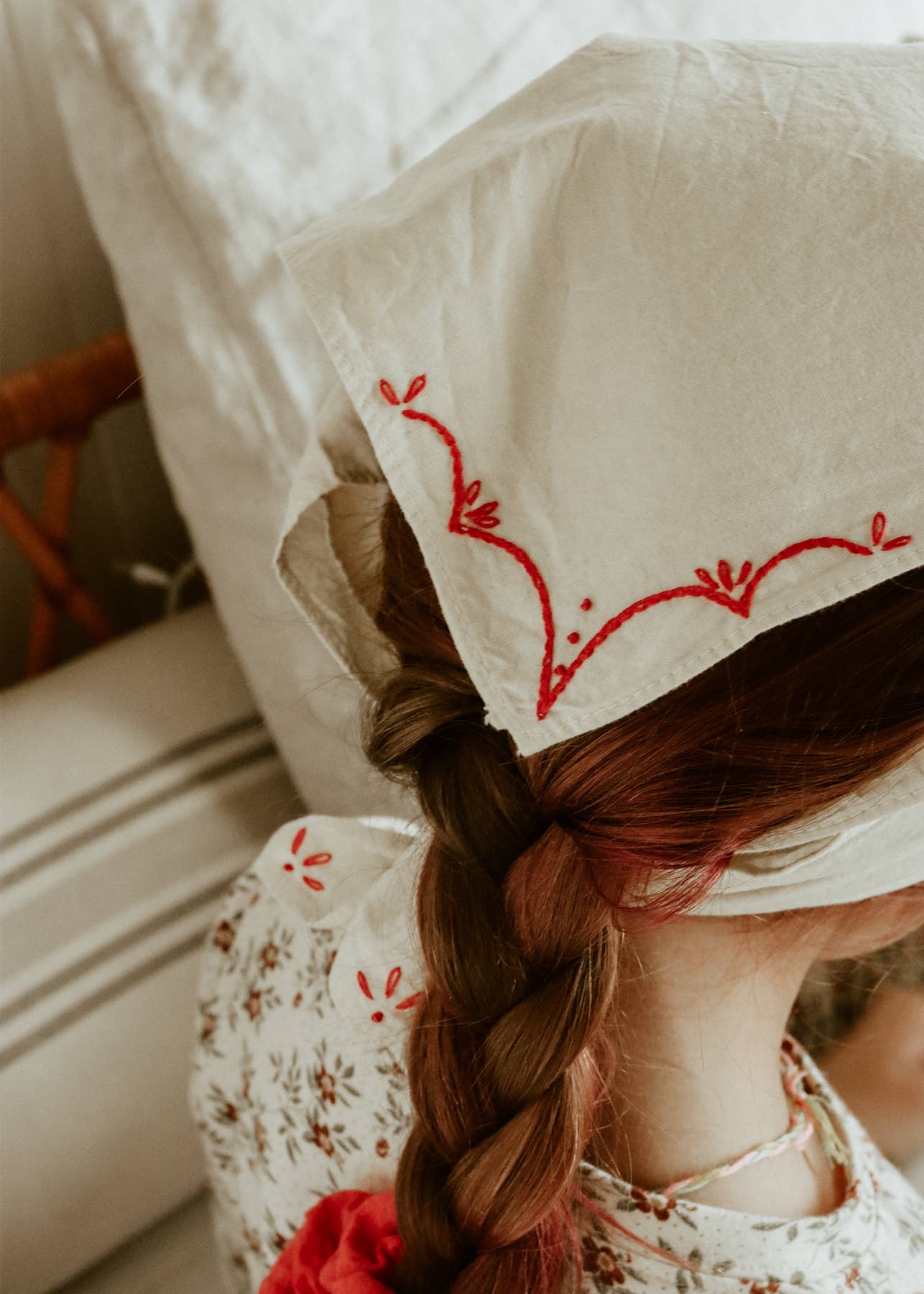 Hand embroidered RODEO cotton bandana, hand dyed : Sand/red thread