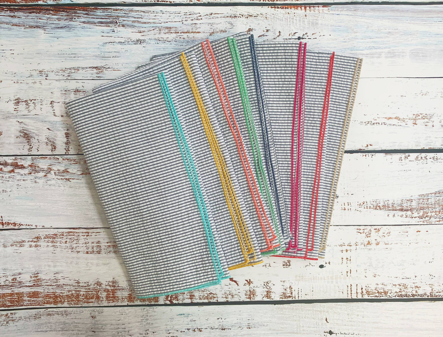 Grey Seersucker Cloth Napkins with Colorful Edges S/8