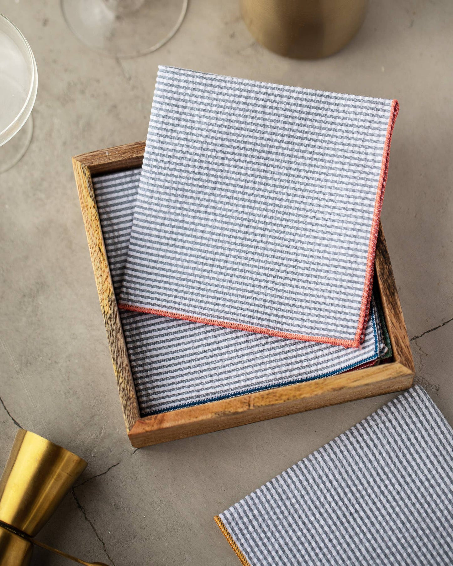 Grey Seersucker Cloth Napkins with Colorful Edges S/8