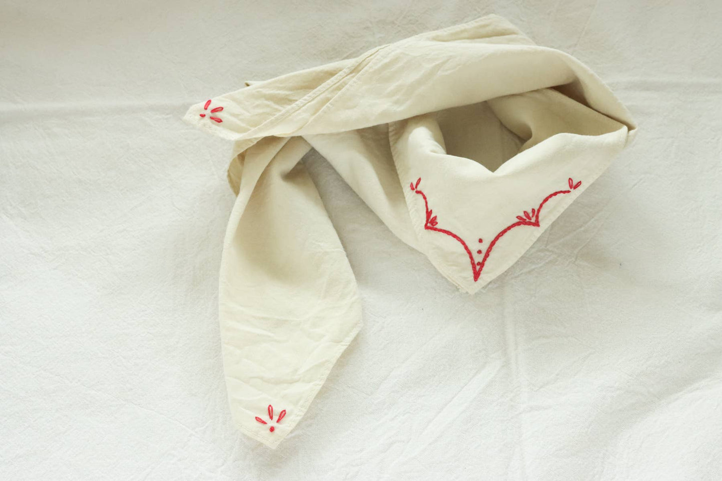 Hand embroidered RODEO cotton bandana, hand dyed : Sand/red thread