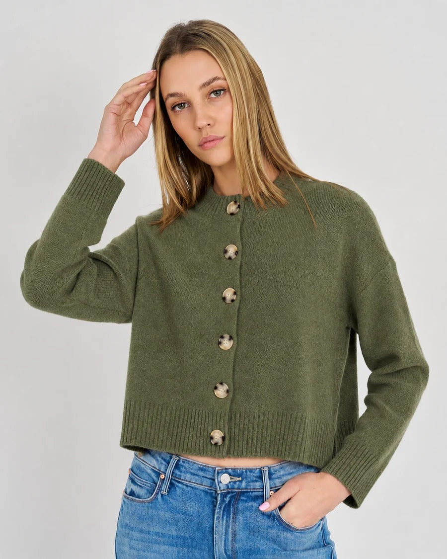 Nina Cashmere Crewneck Cardigan (Olive Green)