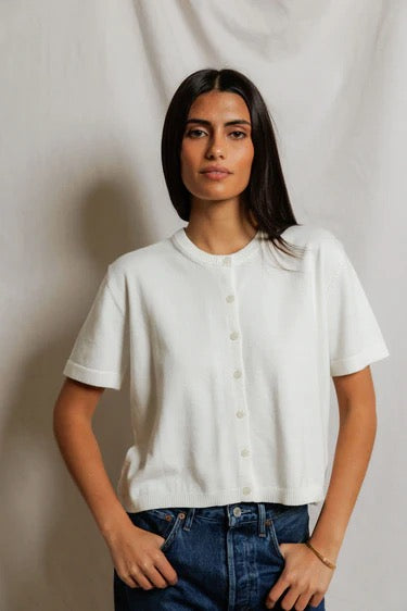 Maude Cotton Crewneck Cardigan-White
