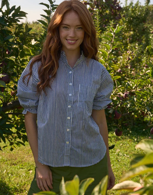 Good Girlfriend Ruffle Trim Stripe Shirt- Coastal Blue