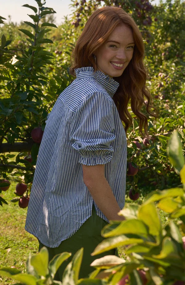 Good Girlfriend Ruffle Trim Stripe Shirt- Coastal Blue