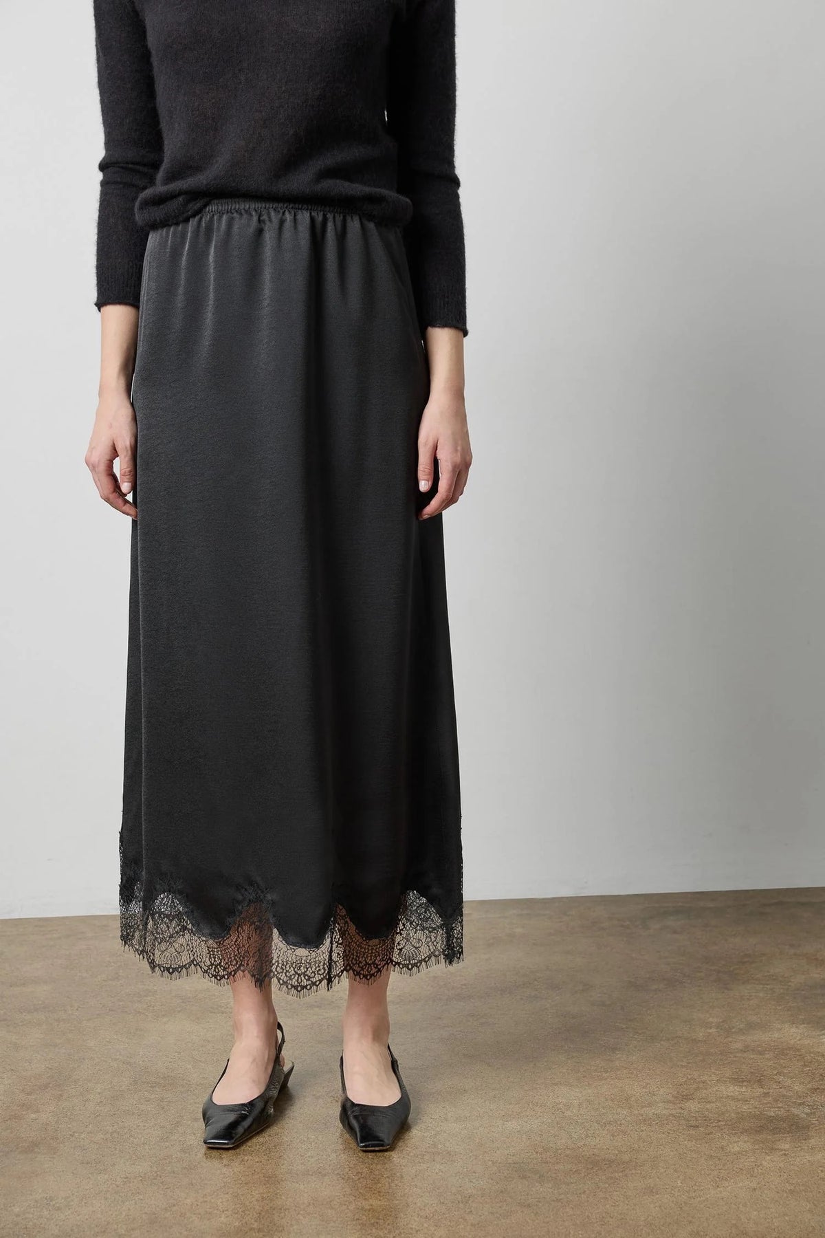 Crepe Satin Skirt with Lace Trim