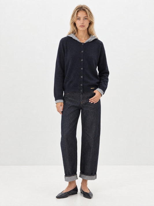 Cardigan Col V Capuche- Grey Mix