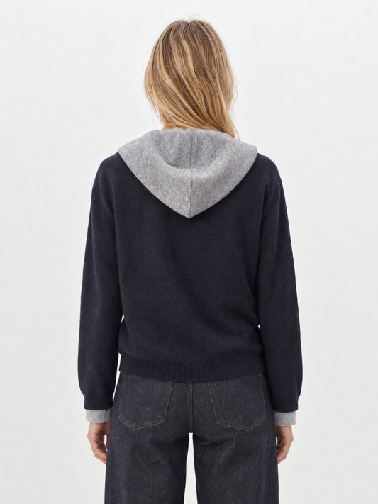 Cardigan Col V Capuche- Grey Mix