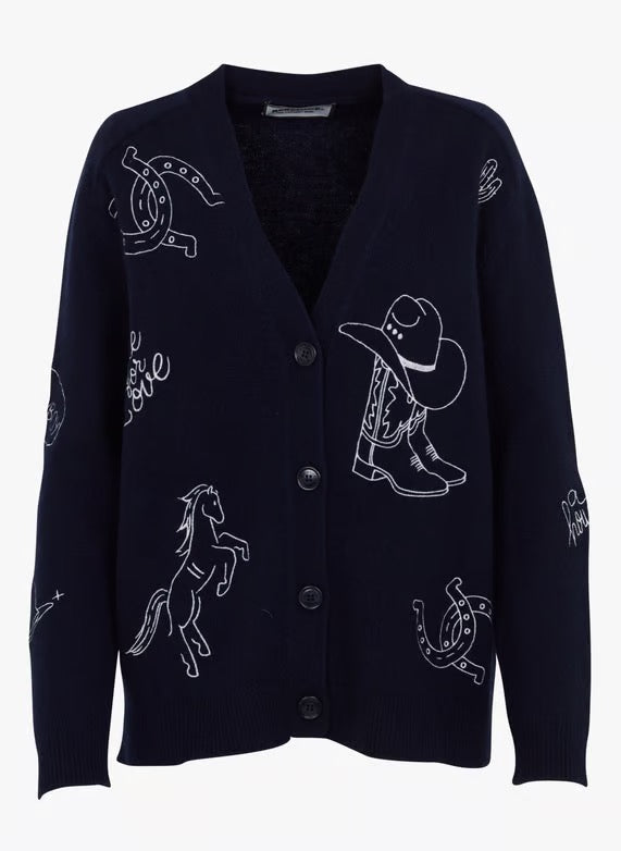 Cardigan Col V Brode Western-Midnight Blue