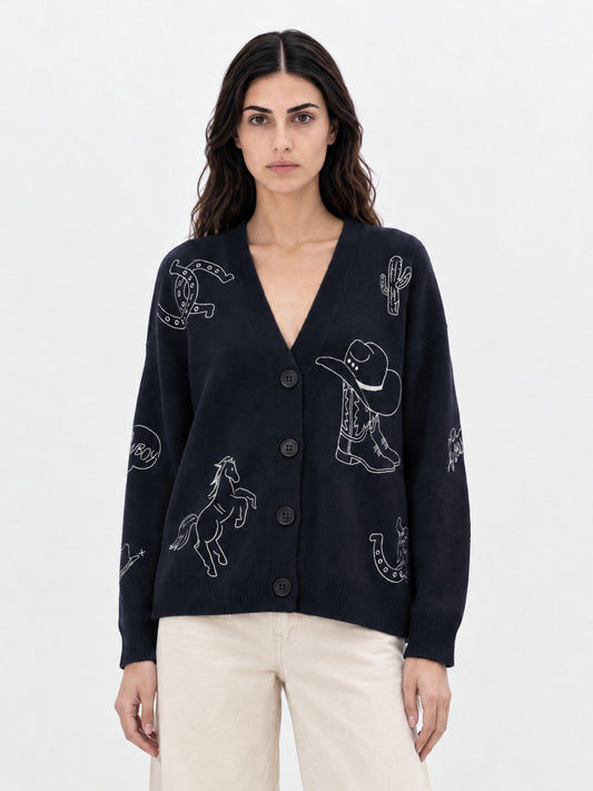 Cardigan Col V Brode Western-Midnight Blue