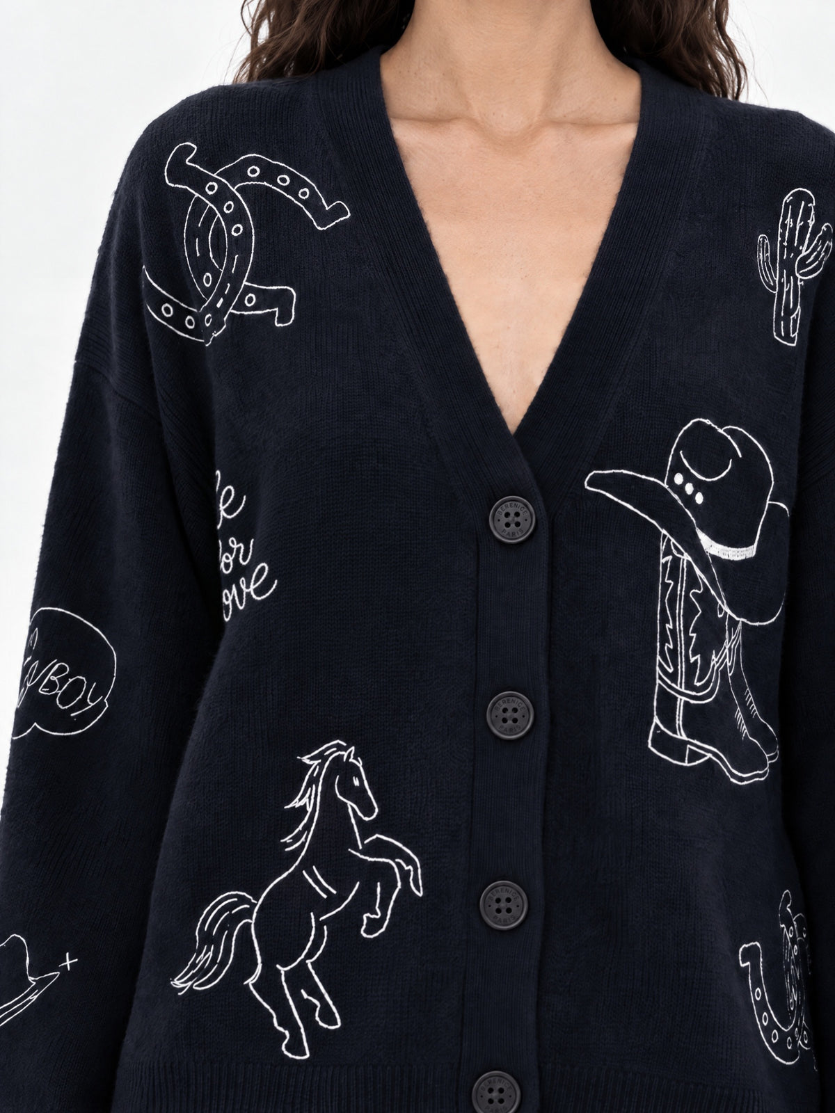 Cardigan Col V Brode Western-Midnight Blue