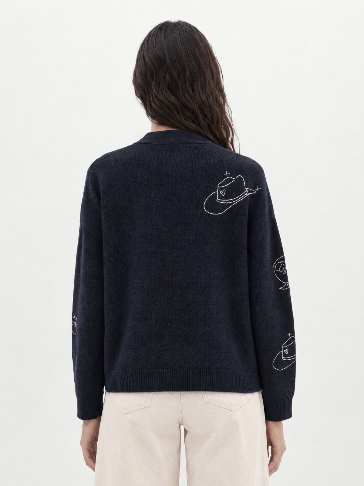 Cardigan Col V Brode Western-Midnight Blue