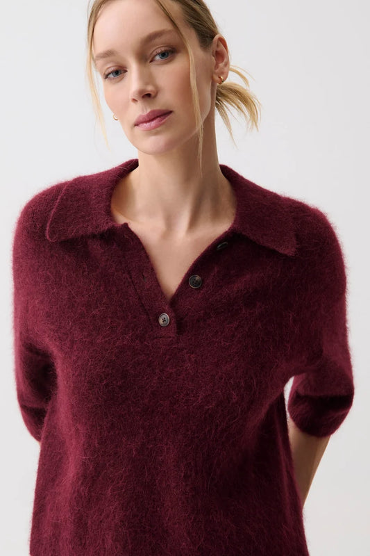 Nadya Alpaca Blend Boxy Polo Sweater-Cherry Wine