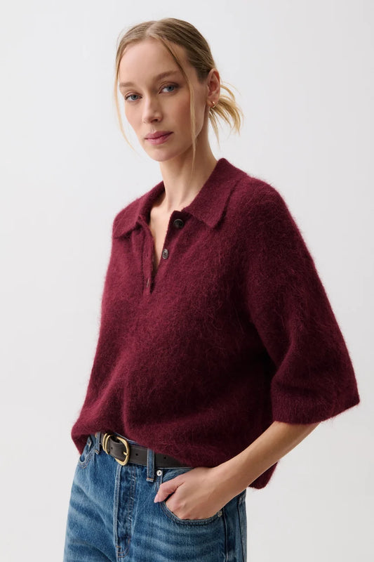 Nadya Alpaca Blend Boxy Polo Sweater-Cherry Wine