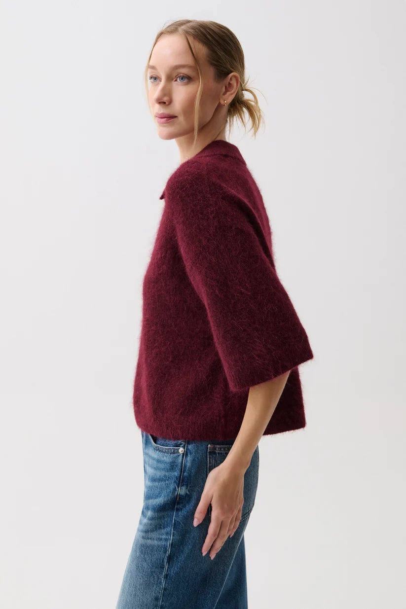 Nadya Alpaca Blend Boxy Polo Sweater-Cherry Wine