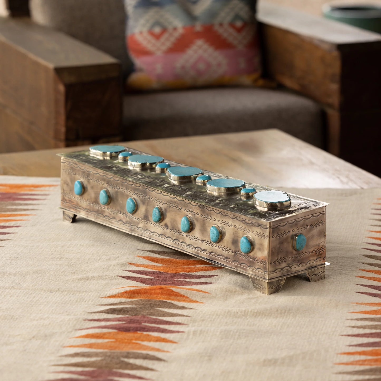 LARGE STAMPED MANTLE BOX WITH TURQUOISE