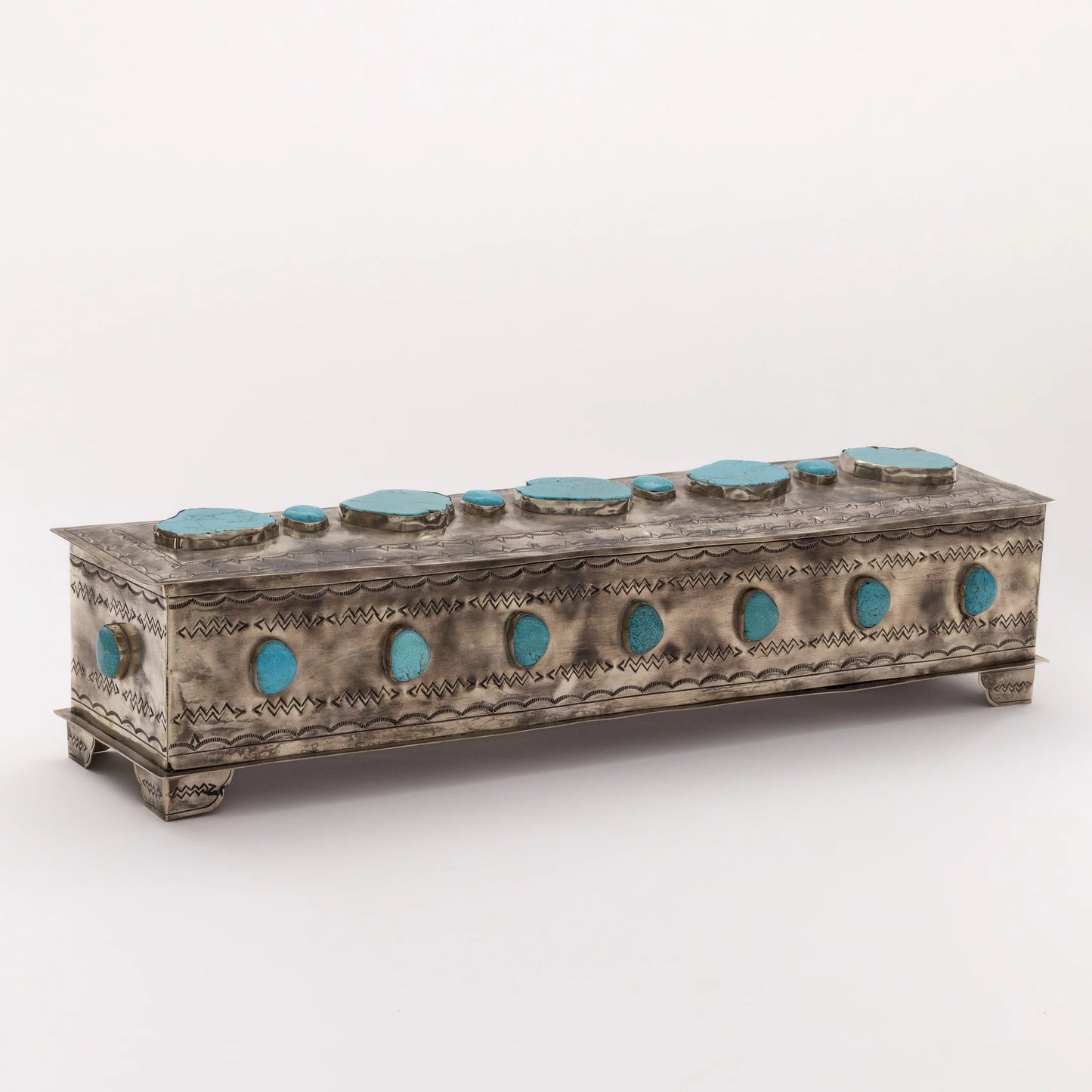 LARGE STAMPED MANTLE BOX WITH TURQUOISE