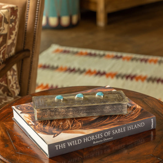 LONG STAMPED BOX WITH THREE TURQUOISE STONES