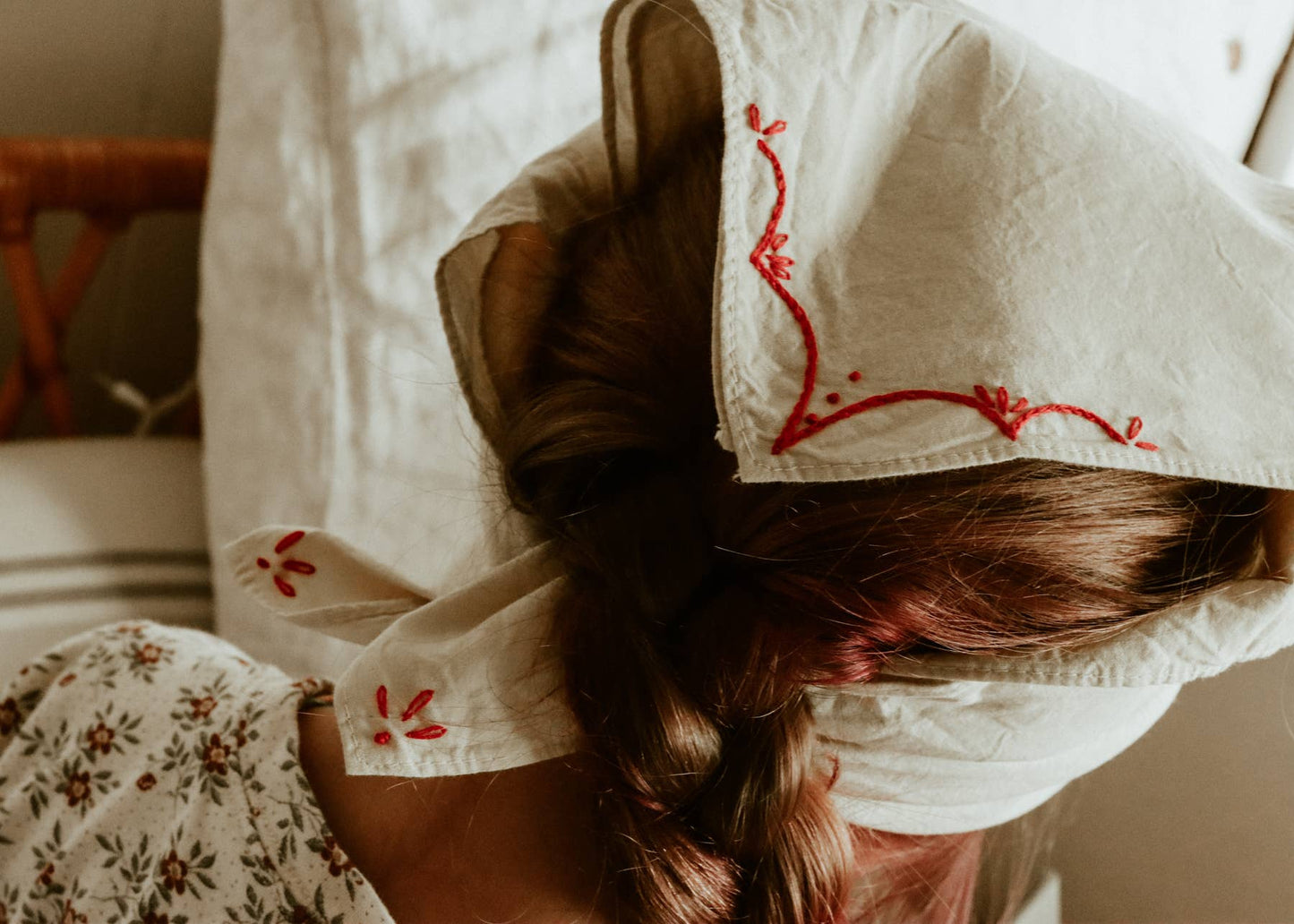 Hand embroidered RODEO cotton bandana, hand dyed : Sand/red thread