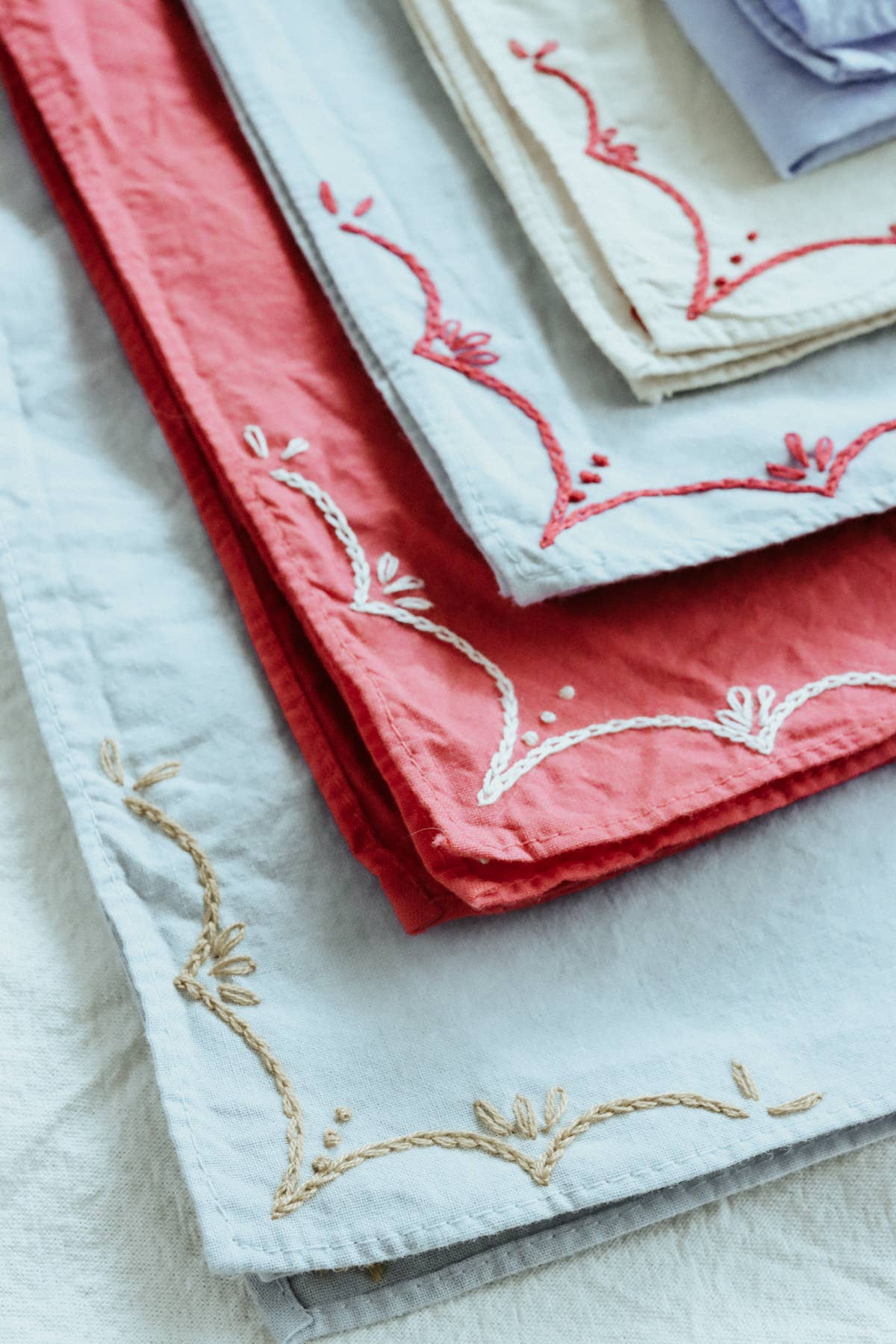 Hand embroidered RODEO cotton bandana, hand dyed : Red/ cream thread