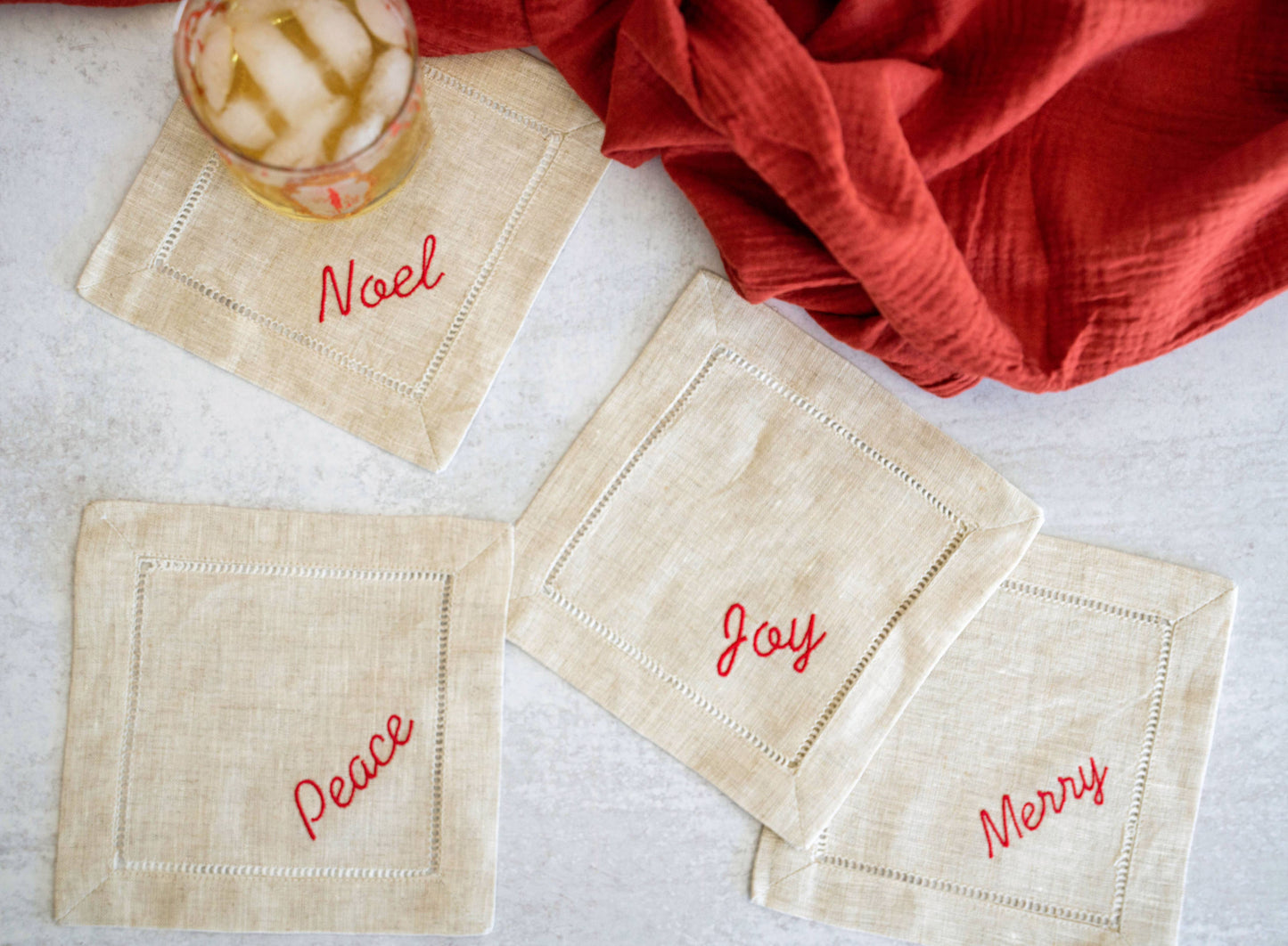 Holiday Word Linen Coasters S/4