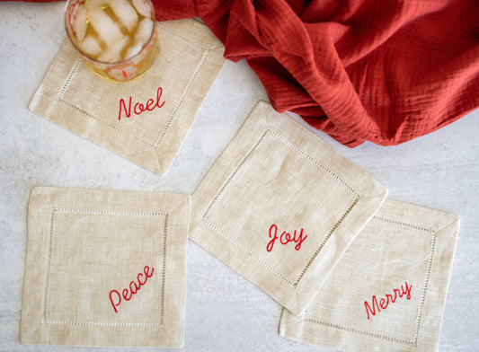 Holiday Word Linen Coasters S/4