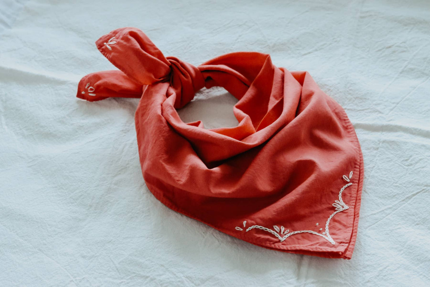 Hand embroidered RODEO cotton bandana, hand dyed : Red/ cream thread