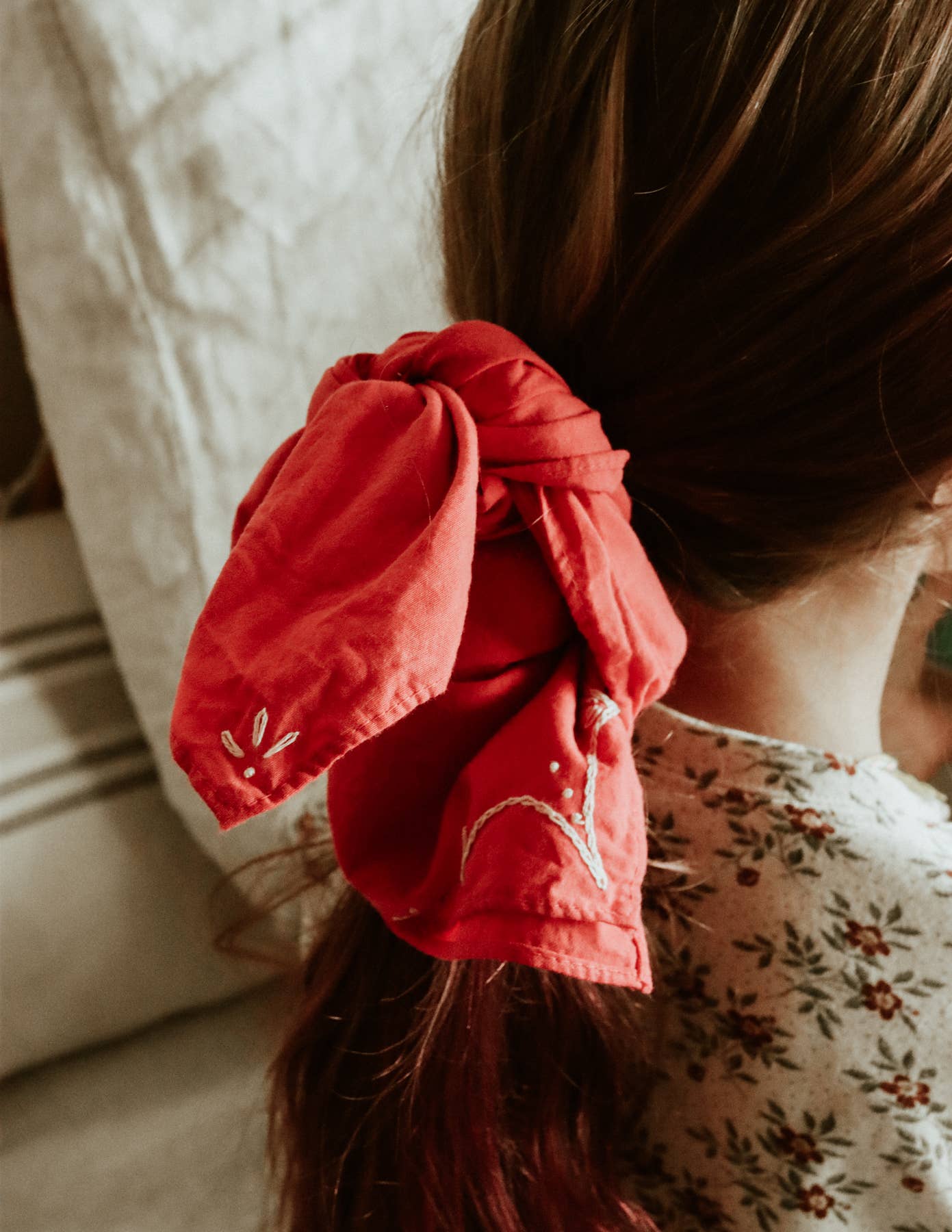 Hand embroidered RODEO cotton bandana, hand dyed : Red/ cream thread