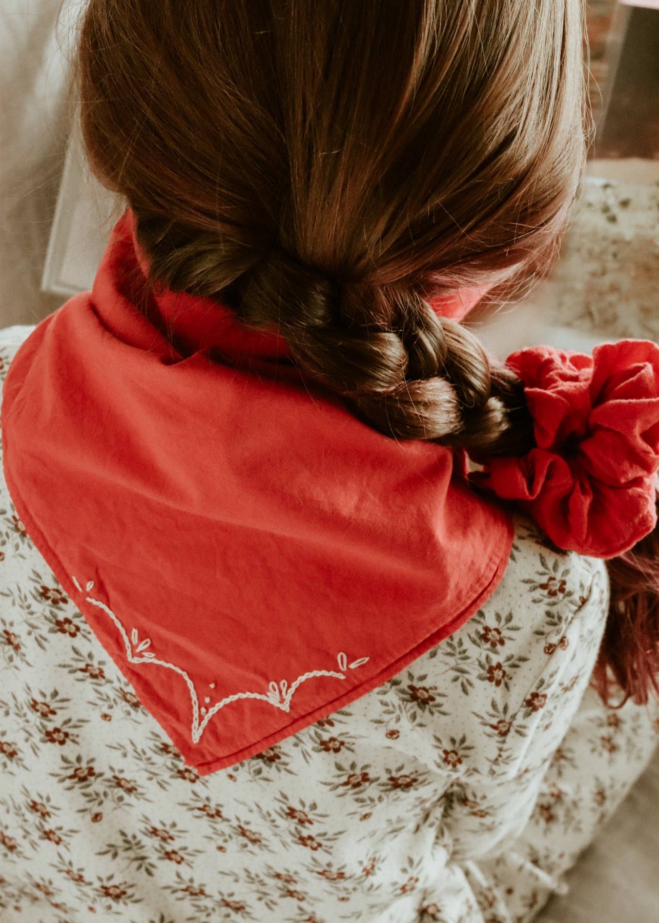 Hand embroidered RODEO cotton bandana, hand dyed : Red/ cream thread